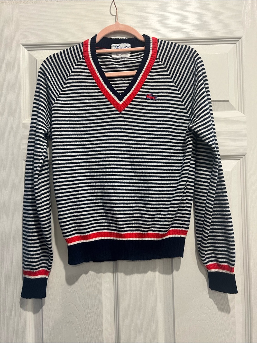 Lacoste Navy & White Striped V‑Neck Sweater with Red Trim